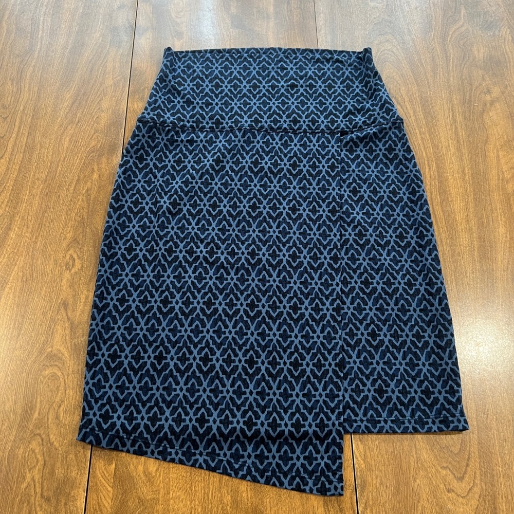 Athleta Blue Black Trellis Print Wrap Front Asymmetric Midi Skirt Womens Small